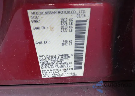 2016 Nissan Altima 2.5 Sl z USA, uszkodzony, nr VIN 1N4AL3AP7GC149870